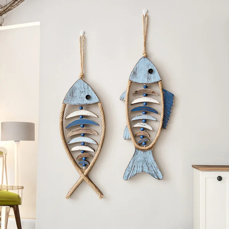 Wooden Fish Ornaments, Beach Ocean Theme Wall Decor, Set of 2