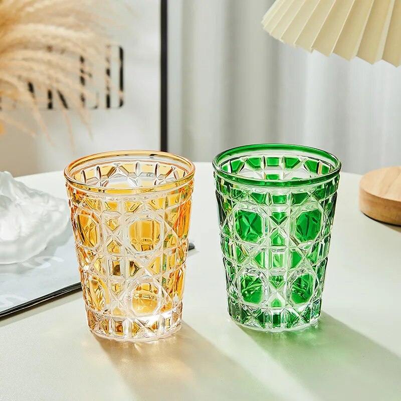 European Style Colorful Checkered Creative Hand-carved  Water Glass Tumbler Cups