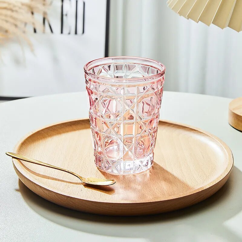 Pink Checkered Creative Hand-carved  Water Glass Tumbler Cups