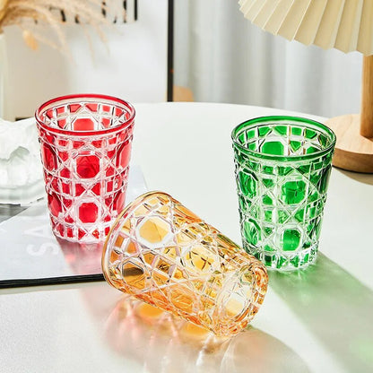 European Style Colorful Checkered Creative Hand-carved  Water Glass Tumbler Cups