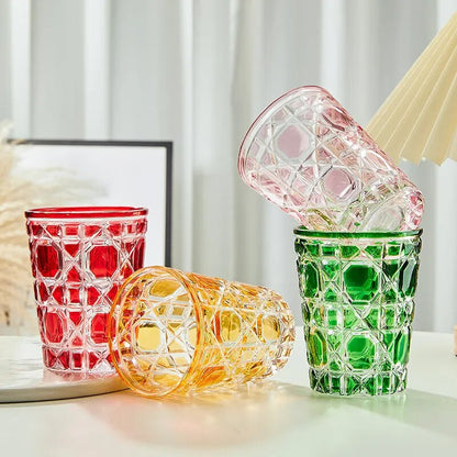 European Style Colorful Checkered Creative Hand-carved  Water Glass Tumbler Cups