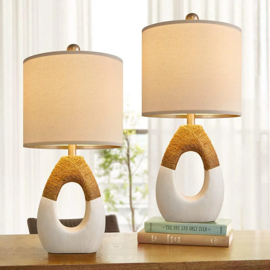 2 Rattan Boho Table Lamps Egg Shaped